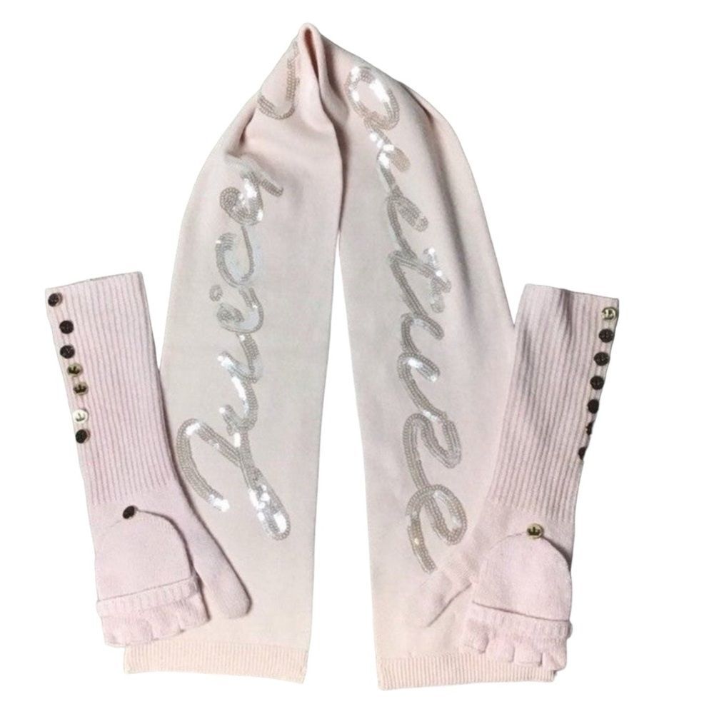 Juicy Couture Pink Wool Scarf & Convertible Mittens Set Sequin Logo
